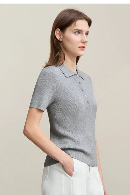 Kurzarm-Strickpullover mit Polokragen und Knopfleiste, halbgeschlossen, hellgrau meliert