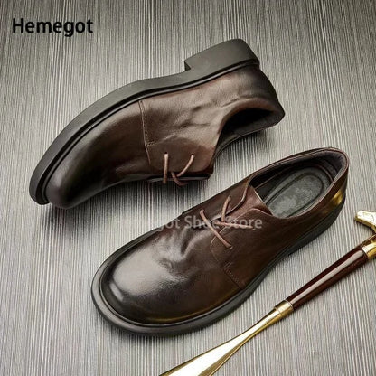 Herren-Board-Sneaker, braunes Leder, Schnürung, hoher Schaft, dicker Absatz, Paar