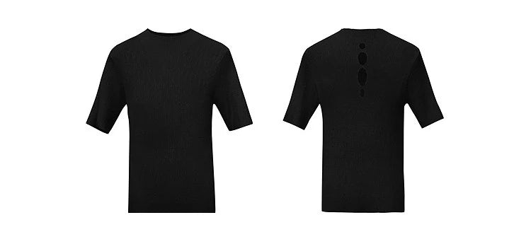 Schwarzer Kurzarm-Strickpullover, vorne und hinten mit Knopfleiste am Rücken