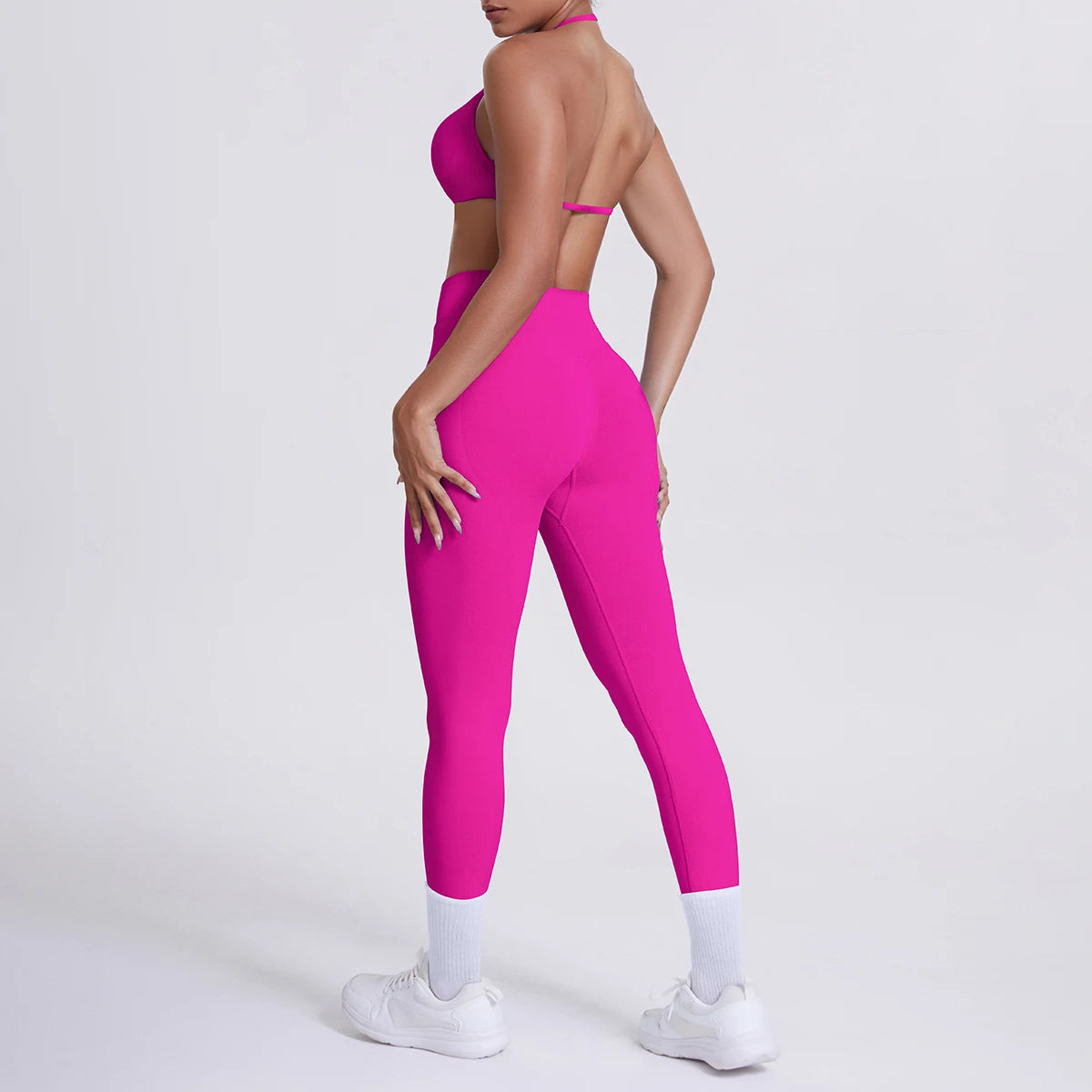 Yoga-Set aus Top und High-Waist-Leggings, pink, Rückenansicht mit schmalen Trägern
