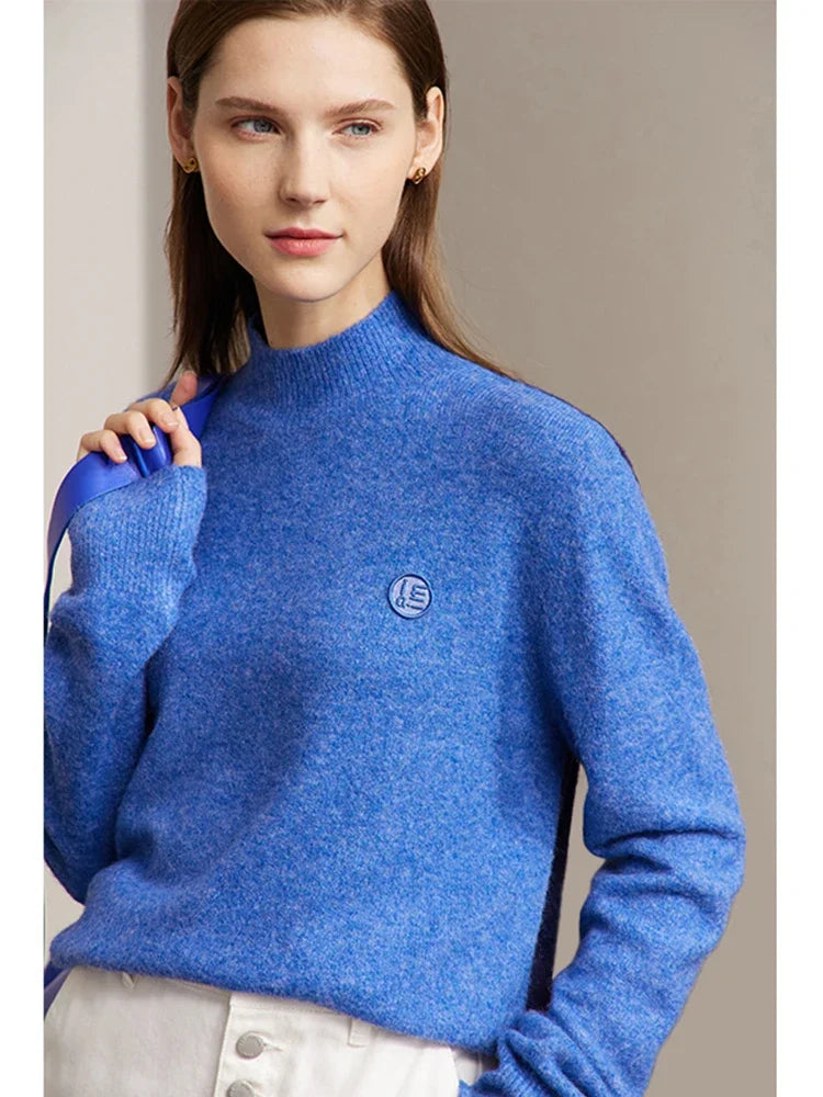 Damen-Pullover AMII mit halbem Rollkragen, besticktem Emblem, blau, lange Ärmel