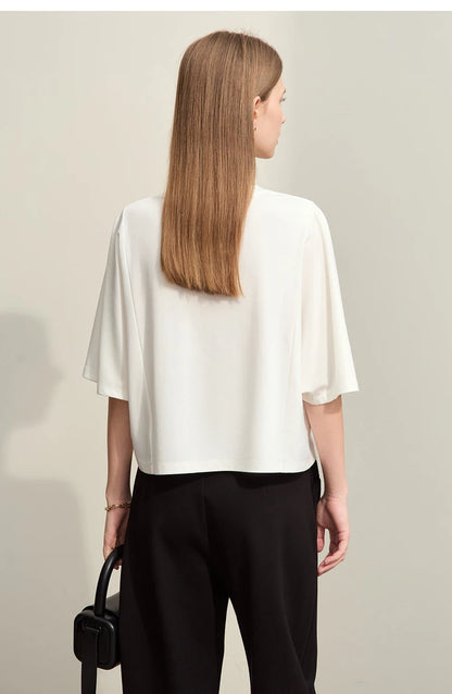 Damen T-Shirt mit elastischen Flare-Ärmeln und Perlen-Stickerei im minimalistischen Stil