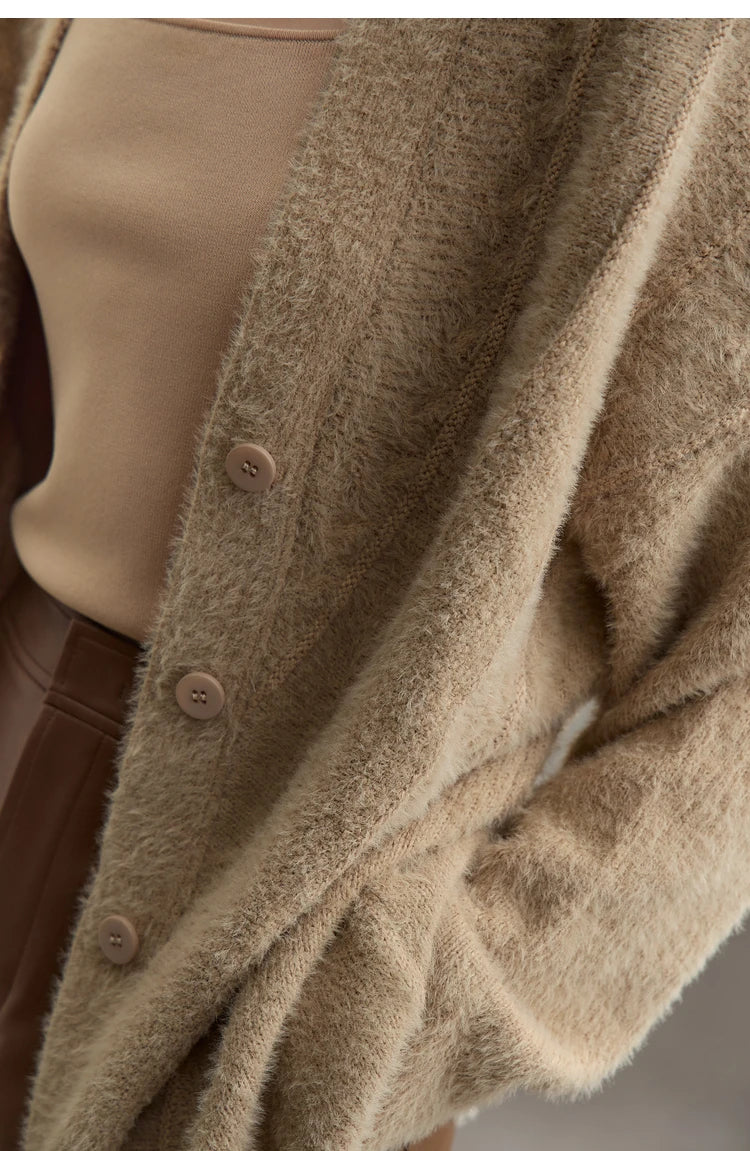 Damen-Strickjacke V-Ausschnitt Nerz-Imitat locker dick Winter