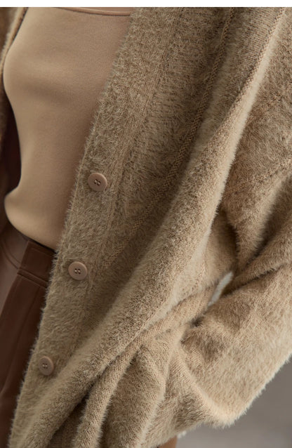 Damen-Strickjacke V-Ausschnitt Nerz-Imitat locker dick Winter