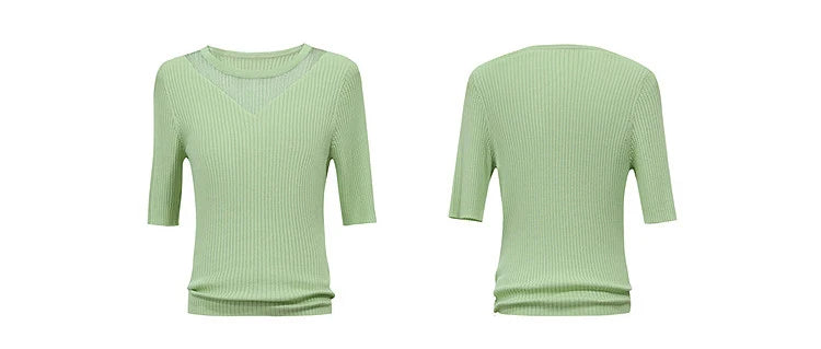Damen-Rundhalspullover Mesh-Panel Slim Kurzarm Viskose Sommer