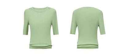 Damen-Rundhalspullover Mesh-Panel Slim Kurzarm Viskose Sommer