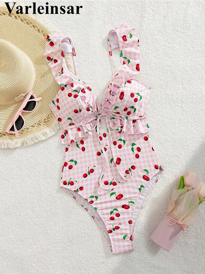 Damen Badeanzug Kirschen Karo Cut-Out Rüschen hoher Beinausschnitt Monokini