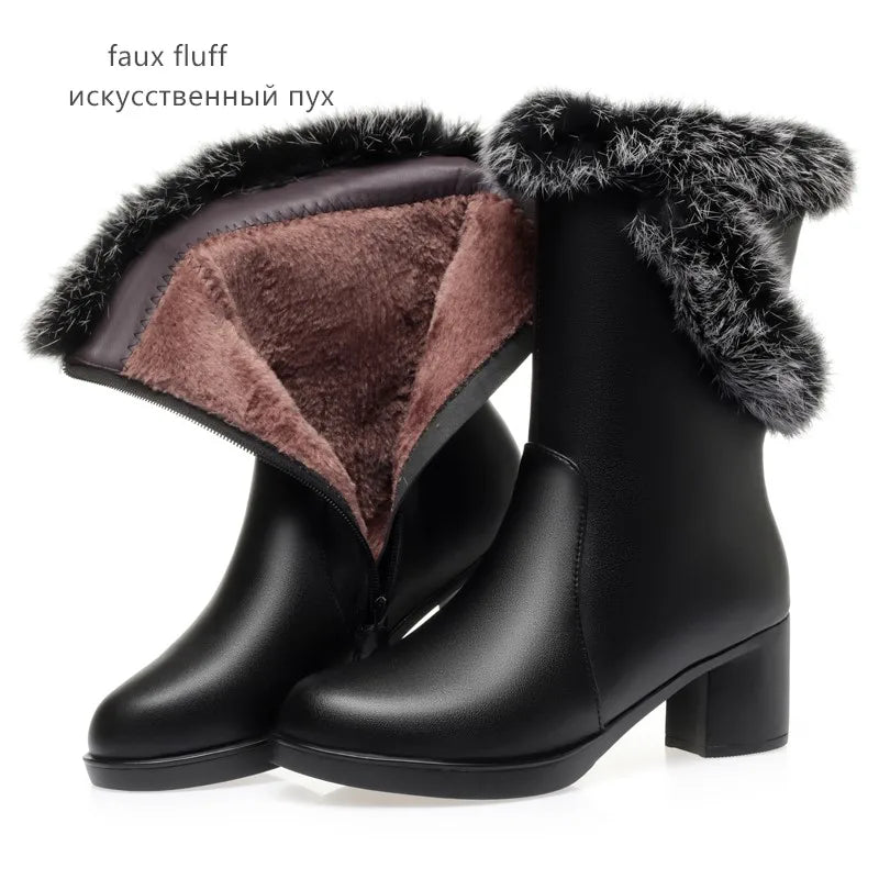 Damen Stiefel aus echtem Leder mit quadratischem Absatz und Fellfutter
