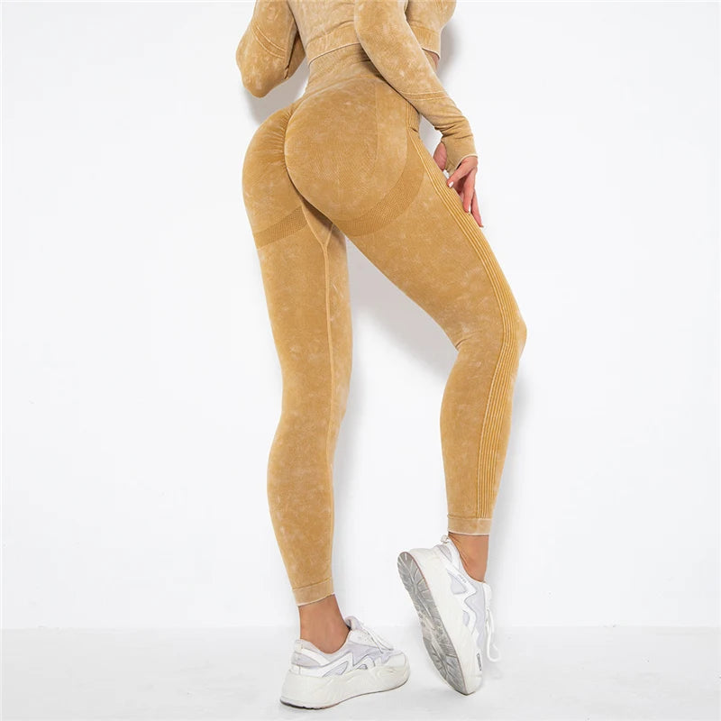 Nahtlose Yoga-Leggings mit hoher Taille, gelb-braun meliert, schmaler Beinverlauf