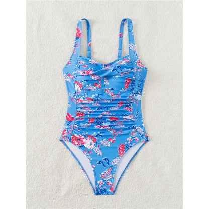 Damen Badeanzug Blumen gedruckt gerüscht hoher Beinausschnitt Monokini