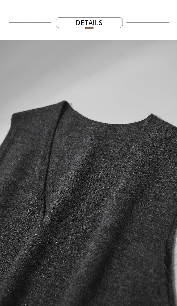 Damen V-Ausschnitt Strickkleid A-Linie ärmellos Herbst-Winter