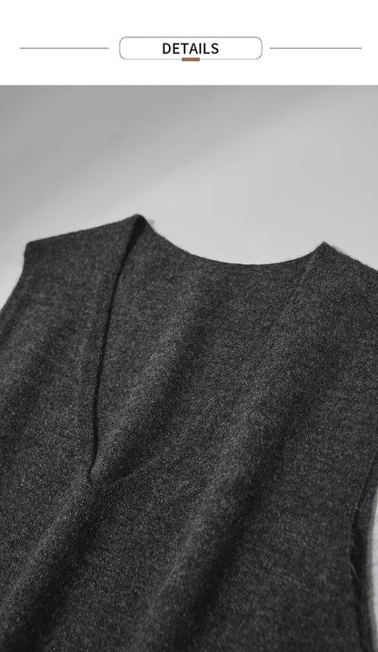 Damen V-Ausschnitt Strickkleid A-Linie ärmellos Herbst-Winter
