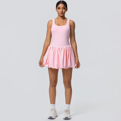 Damen-Tennisrock mit Taschen, rosa Faltenrock, kurzer Saum und elastischer Bund.