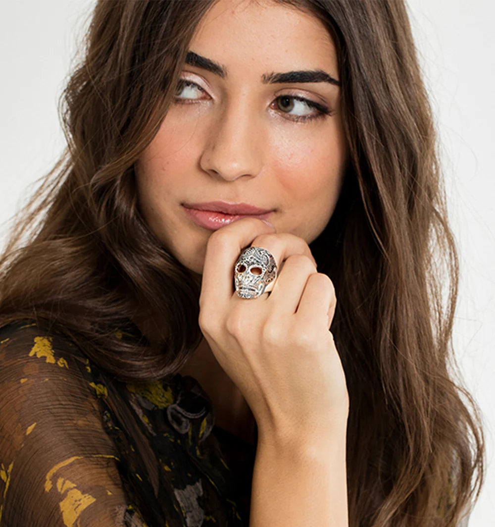 Damen-Ring Maori Schädel ethnisch Herbst aus Sterlingsilber