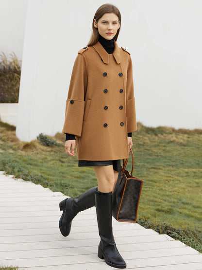 Damen Wollmantel im minimalistischen England Stil mit zwei Reihen Knöpfen
