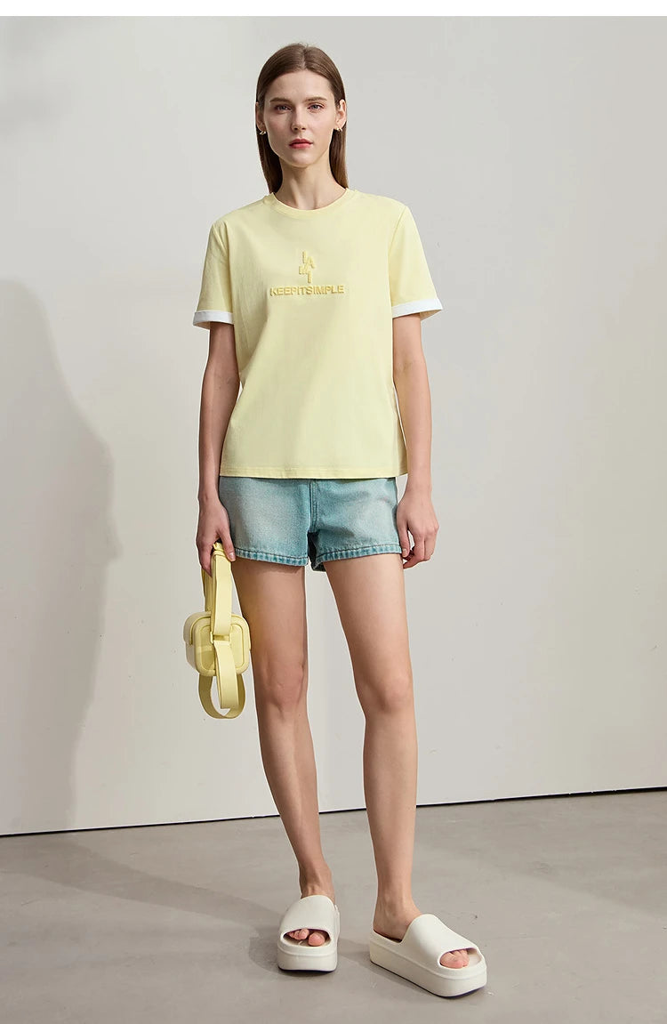 Damen Freizeit-T-Shirt mit Rundhalsausschnitt und Farbblockierung für den Sommer