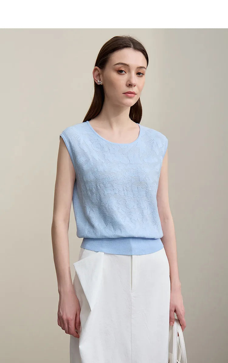Damen-Rundhalspullover ärmellos Jacquard locker kurz Viskose Sommer