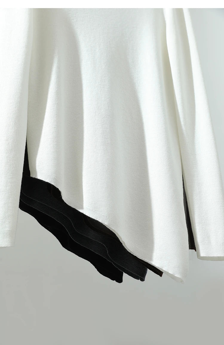 Damenpullover mit Halbrollkragen, weiß, Detailansicht Saum, asymmetrisch, langarm