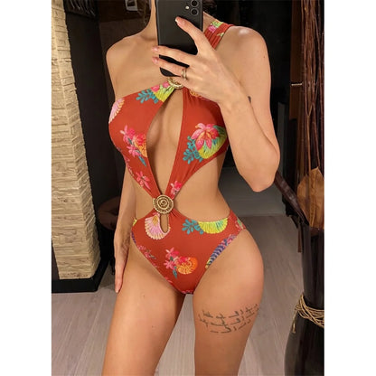 Damen Badeanzug Blumendruck One-Shoulder asymmetrisch Cut-Out Monokini gepolstert