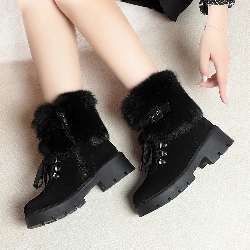 AIYUQI Women Snow Boots Platform New Rabbit Female Winter Boots Fashion Large Size Non-slip Genuine Leather Women Ankle Boots