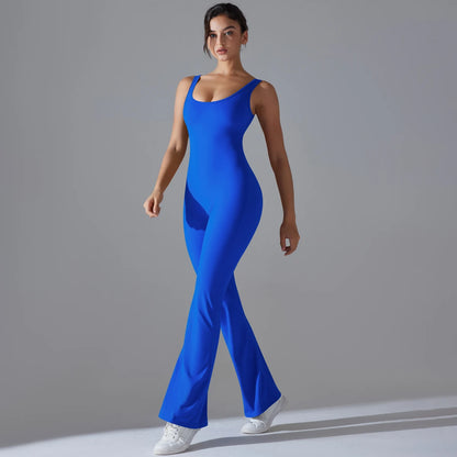 Damen Yoga-Overall, ärmellos, schmale Passform, blau, langes, weit schwingendes Bein