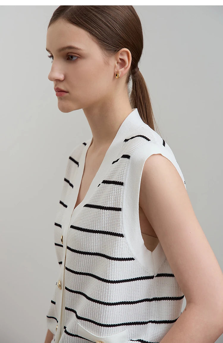 Damen V-Ausschnitt Pullover Streifen ärmellos Viskose Sommer