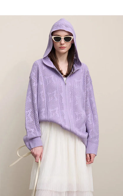 Damen-Strickjacke Kapuze Jacquard Hohlstrick Doppelreißverschluss locker Frühling