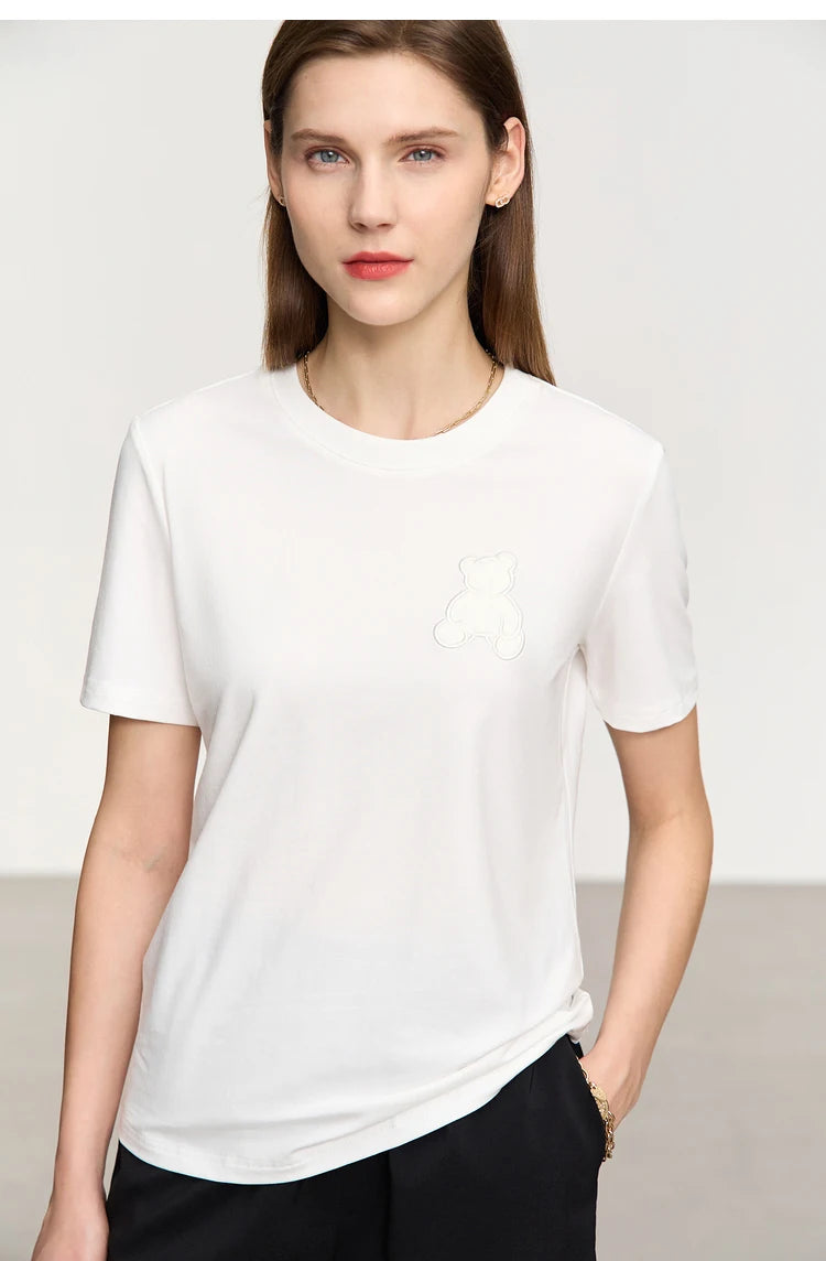 Damen Top im minimalistischen Stil mit Bären-Applikation und O-Ausschnitt