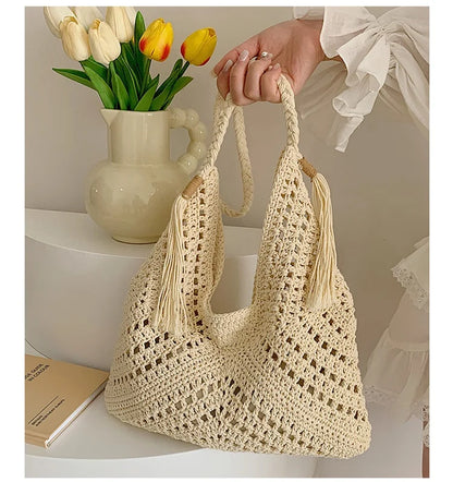 Damen Tote Bag Beach Woven Travel Shoulder Crossbody Purse