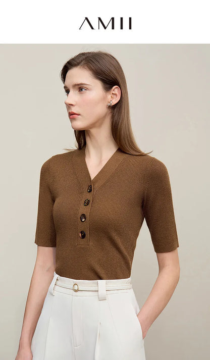Damen V-Ausschnitt Pullover Wolle-Mix Halbarm Slim Frühling-Herbst