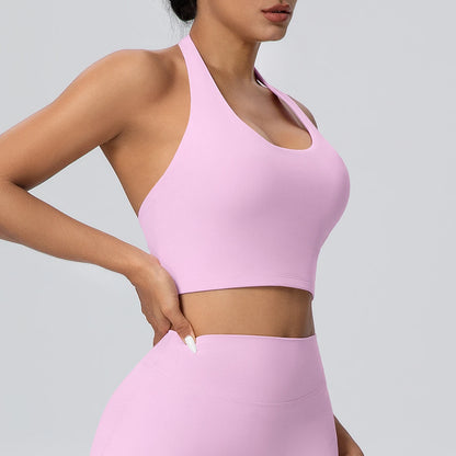 Lila Yoga-Sporttop mit tiefem U-Ausschnitt und glatter Nahtführung