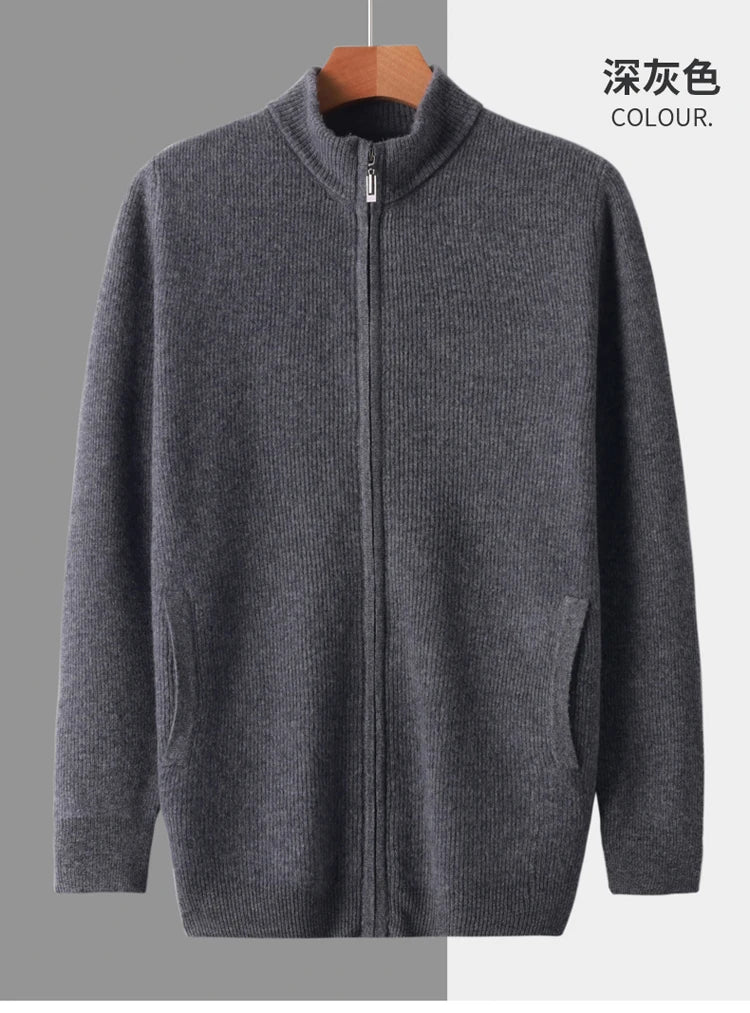 Stehkragen Reißverschluss Strickjacke Pullover Herrenmantel Business Casual Herbst Winter neue reine Wolle Strickjacke Männer Doppeltaschen