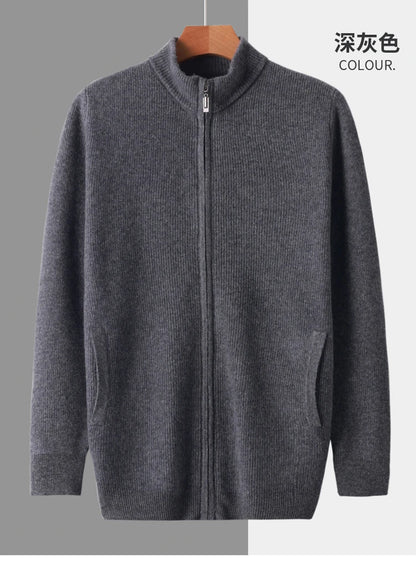 Stehkragen Reißverschluss Strickjacke Pullover Herrenmantel Business Casual Herbst Winter neue reine Wolle Strickjacke Männer Doppeltaschen