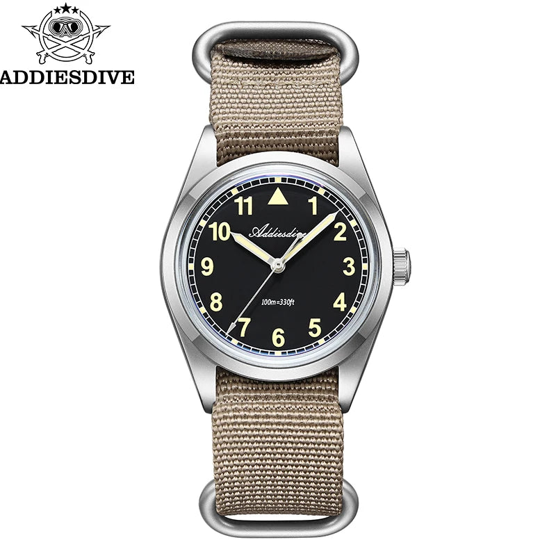 Herren Retro-Quarzuhr 36mm K1 Mineralglas Edelstahl 100m Nachtleuchtzeiger Nylon