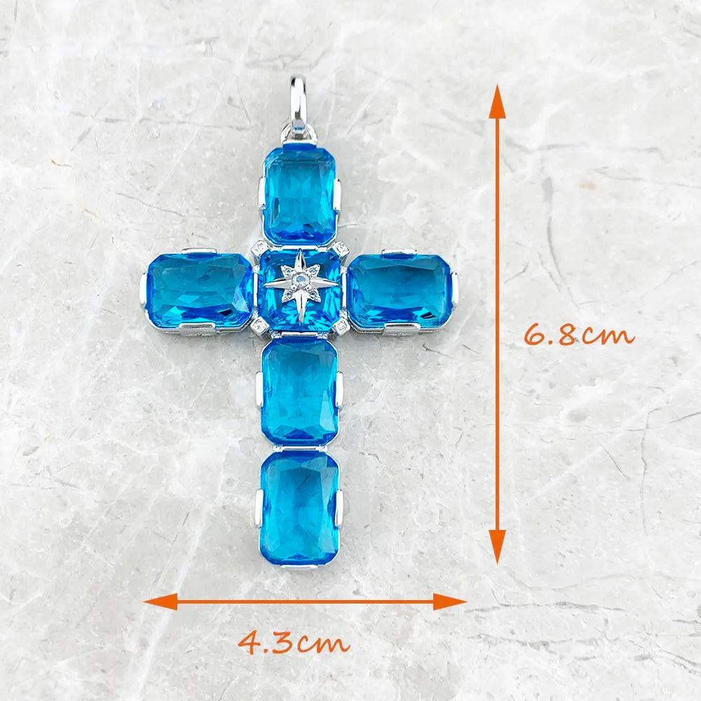Kreuz-Anhänger mit blauen Steinen, ca. 6,8×4,3 cm, mit Öse und Stern