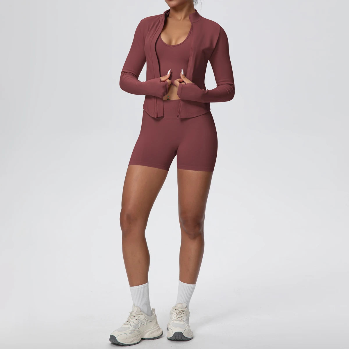Damen Yoga-Set 3-teilig, dunkelrot: Langarmjacke, Sporttop, Shorts