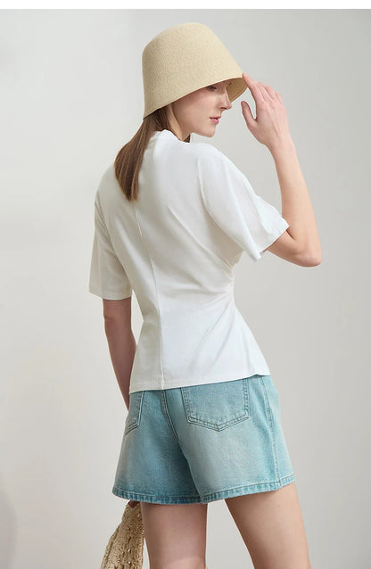 Damen T-Shirt im minimalistischen Sommer-Stil mit solidem Rollkragen und Kurzarm