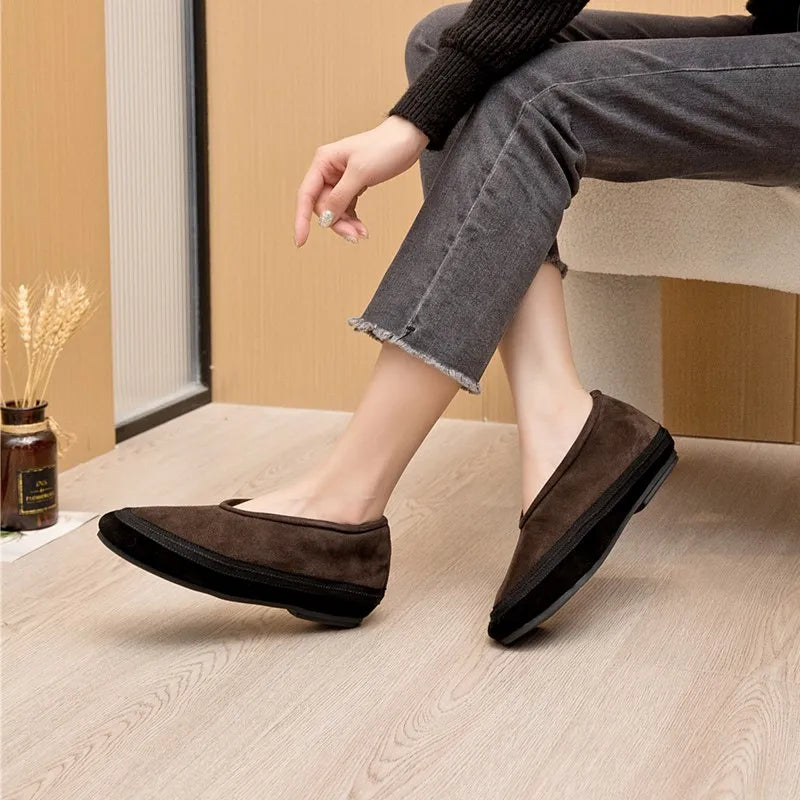 Braune Damen-Slip-on-Ballerinas mit Wollfutter und flacher Laufsohle