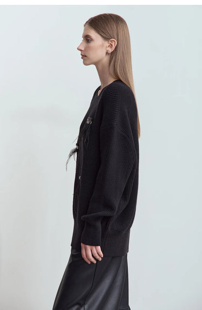 Damen-Rundhalspullover Perlen Strassapplikation locker Winter