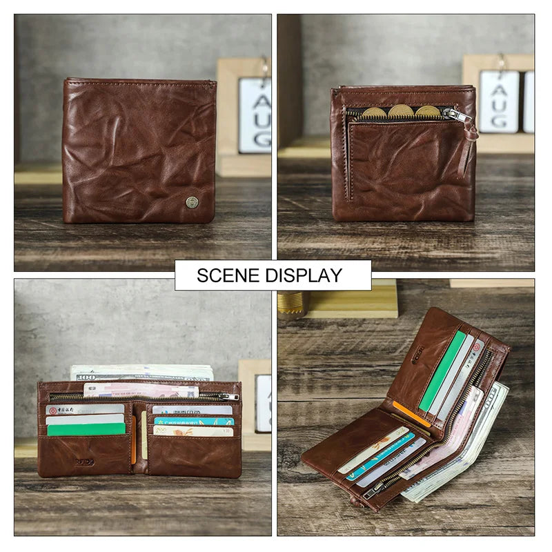 Herren Echtleder Geldbörse Vintage RFID Bifold Kurzgeldbörse 6 Kartenfächer Business