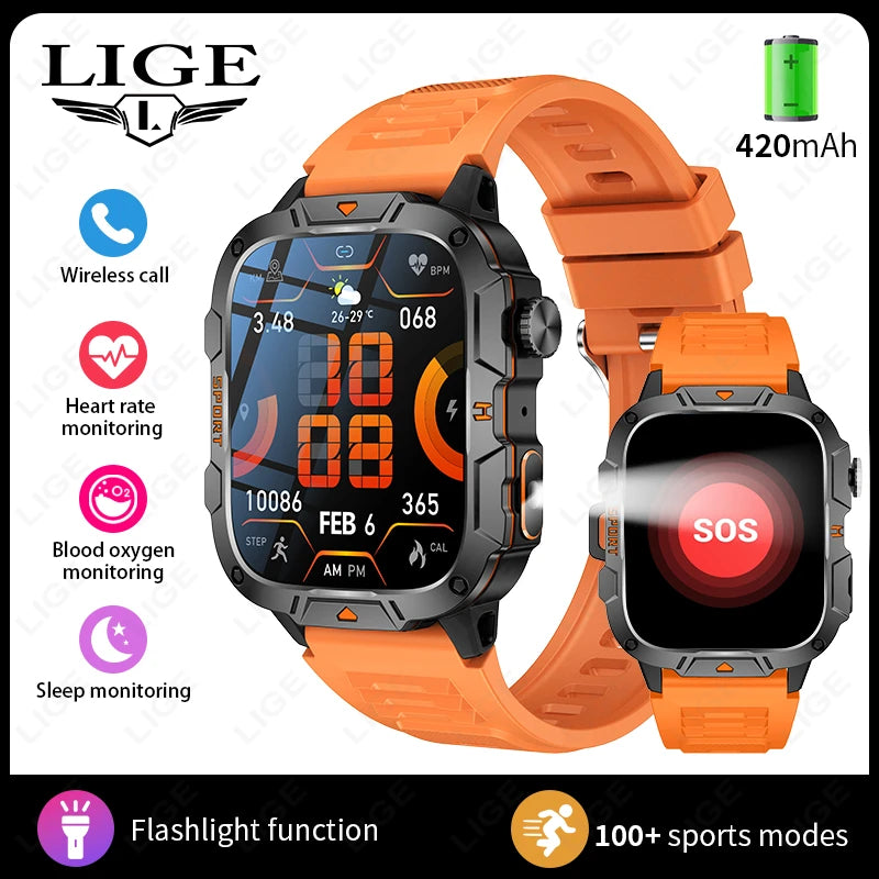 LIGE 2024 Männer Frauen Smart Uhr Bluetooth Anruf Musik Spiel Stimme Assistent Smartwatch Outdoor Fitness Sport Taschenlampe Armbanduhr