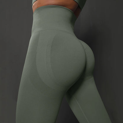 Nahtlose Yoga-Leggings mit hoher Taille, eng anliegend, olivgrün, Rückenansicht mit Formung