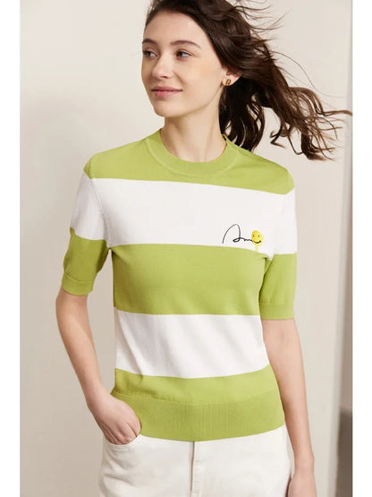 Damen Sommer-T-Shirt im Minimalismus-Stil mit gestreiftem Lächeln-Gesicht