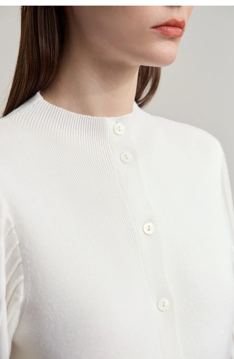Damen-Strickjacke Slim halbhoher Kragen Laternenärmel Wolle-Mix Herbst