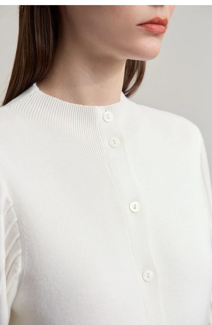 Damen-Strickjacke Slim halbhoher Kragen Laternenärmel Wolle-Mix Herbst