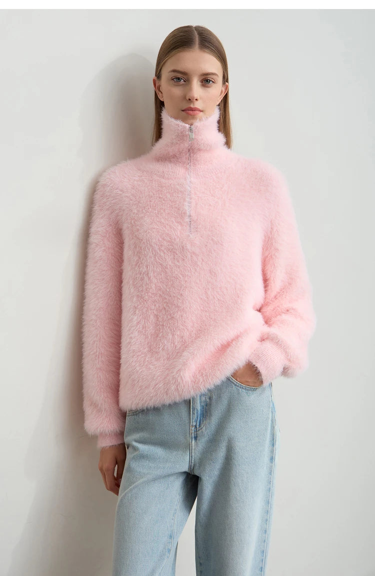 Damen-Rollkragenpullover Nerz-Imitat Reißverschluss locker dick Winter
