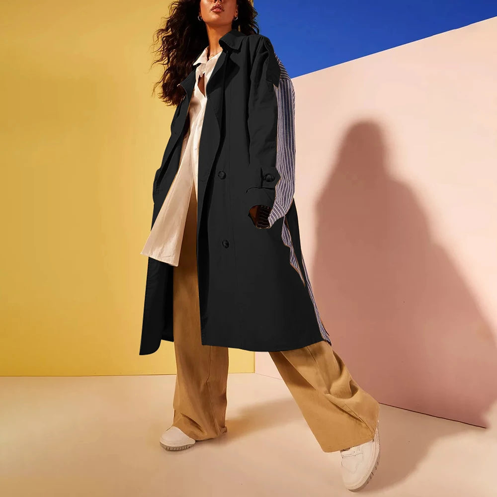 Colorblock-Denim-Blazer für Damen mit Notch-Kragen und Kettendetail – Langarm-Patchwork-Design für einen schicken Look