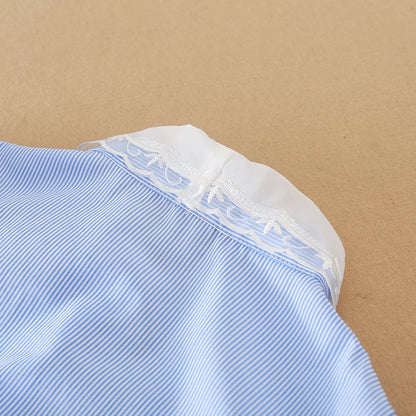 Mädchen-Langarmshirt, Kinder-Bluse mit Spitzenkragen, passend für Kinder im Alter von 5 bis 12 Jahren, 100 % Baumwolle, blau gestreifte Kleidung für Kinder