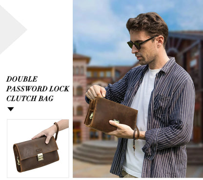 Braune Herren-Clutch mit Umschlag, Doppel-Schlossdesign und Handgelenkschlaufe