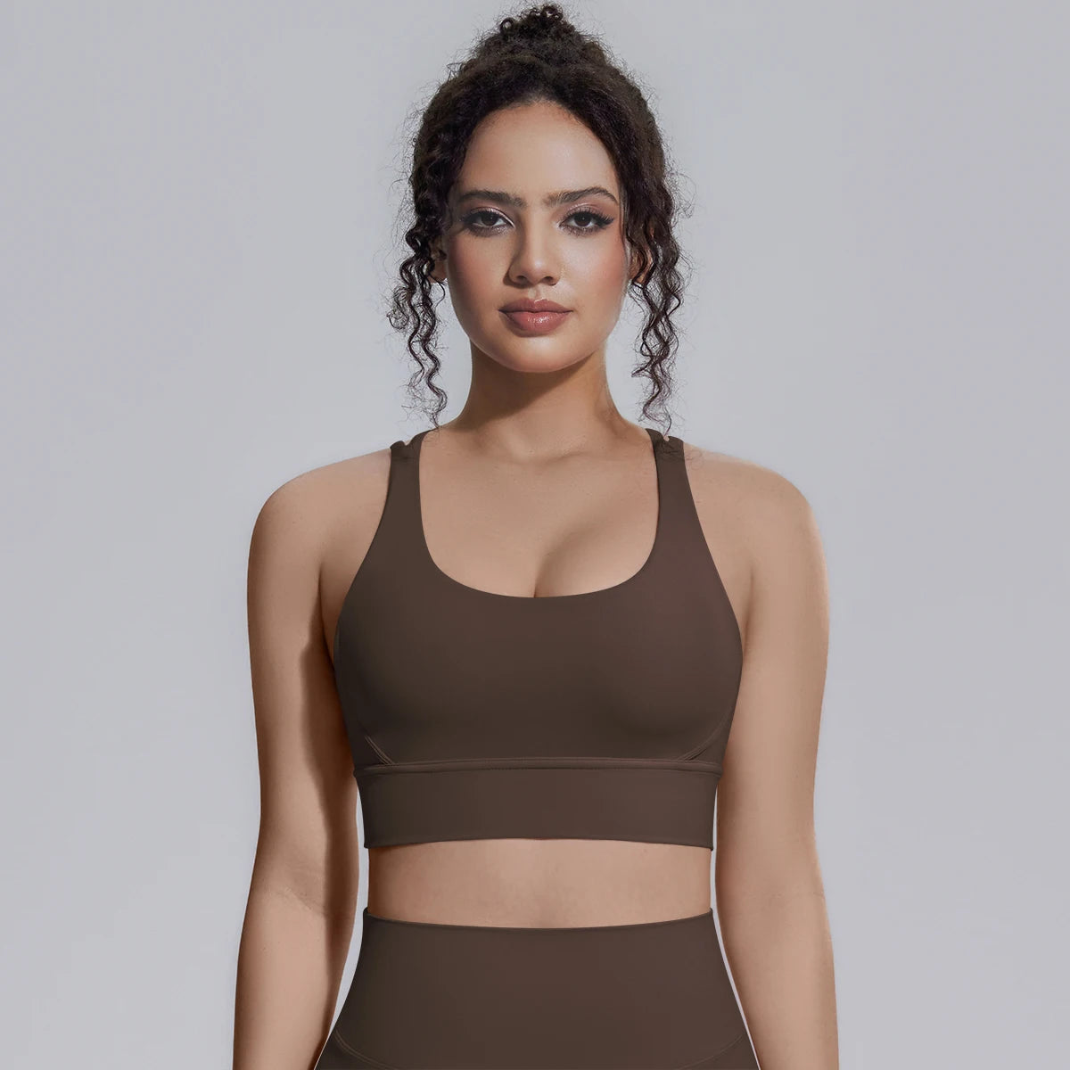 Sport-BH Yoga, braun (Coffee), gepolsterte Cups, breiter Unterbrustbund